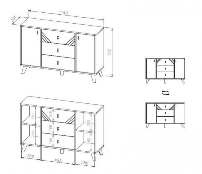 Комод 3 ящика двухстворчатый Байкал Графит NN-Мебель