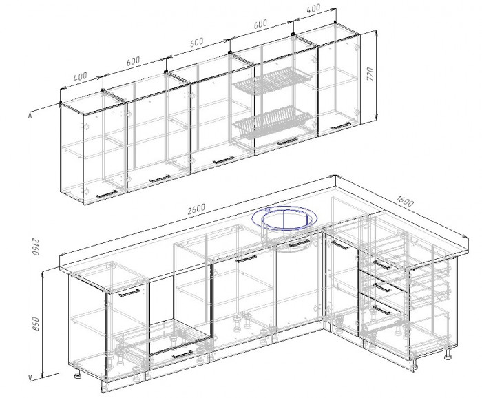 Кухонный гарнитур угловой Латте 2600х1600 (стол. 26 мм)